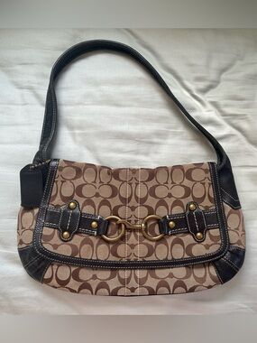 Coach Brown Signature Canvas Shoulder Bag with Dark Brown Trim